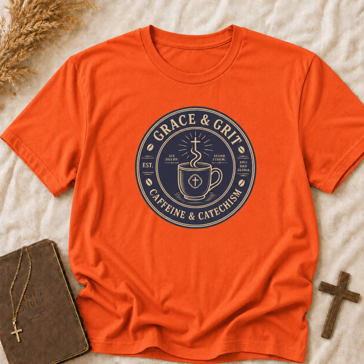 Grace & Grit Coffee T‑Shirt — "Grace & Grit: Caffeine & Catechism" Faith Graphic Tee