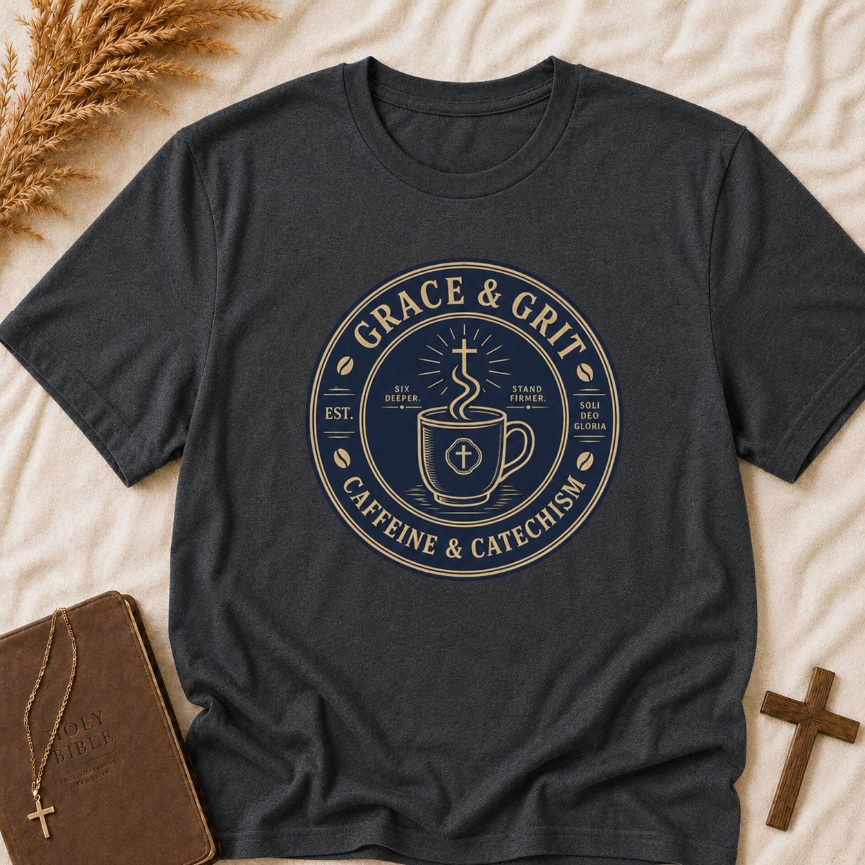 Grace & Grit Coffee T‑Shirt — "Grace & Grit: Caffeine & Catechism" Faith Graphic Tee