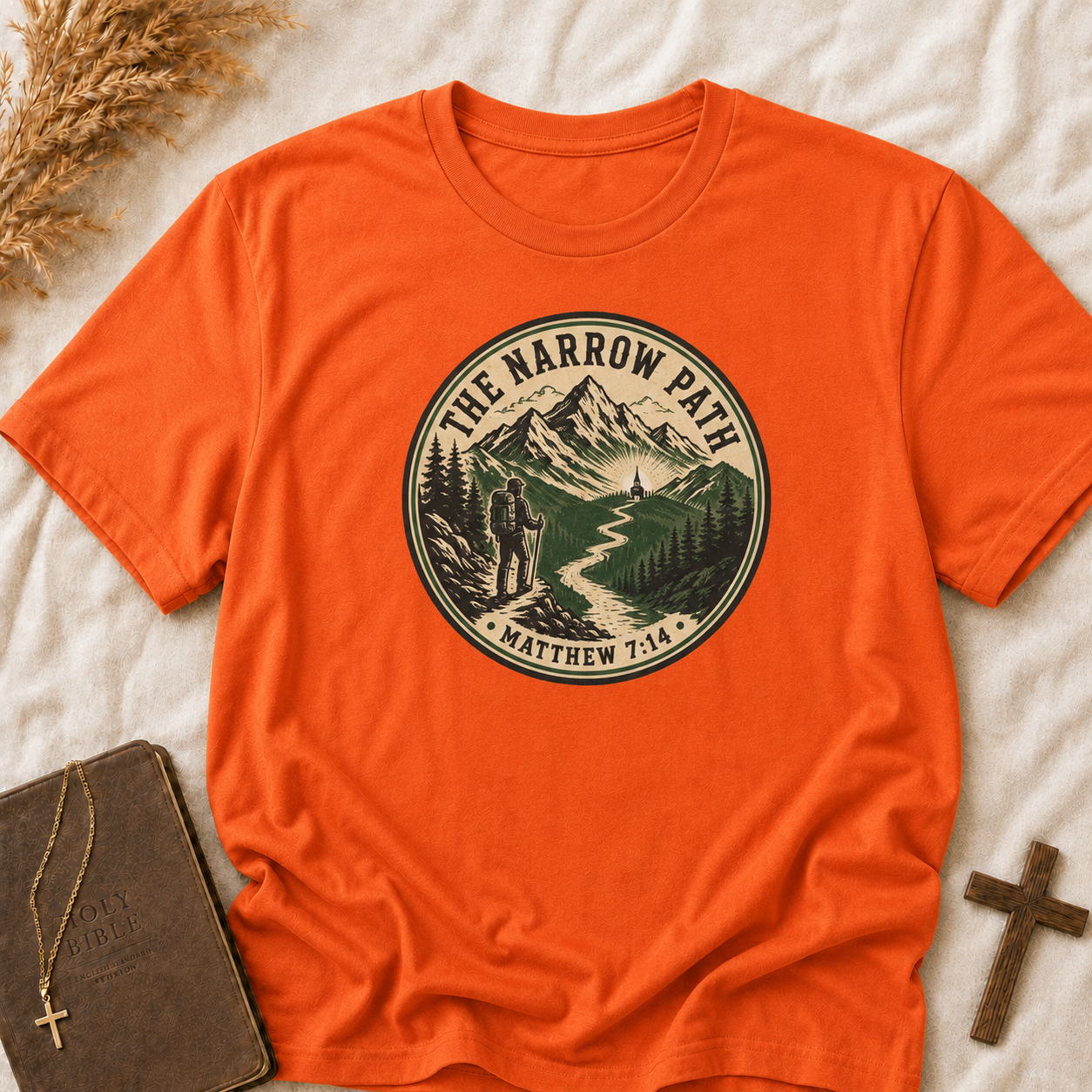 The Narrow Path T-Shirt — Matthew 7:14 Mountain Faith Graphic Tee