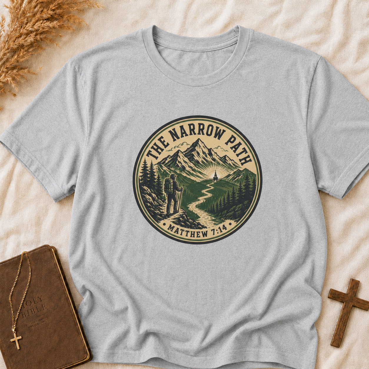 The Narrow Path T-Shirt — Matthew 7:14 Mountain Faith Graphic Tee