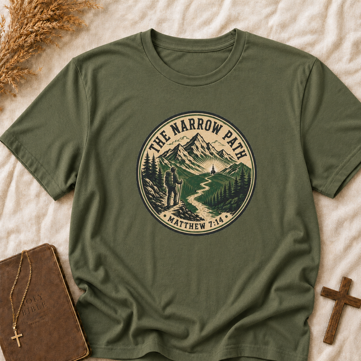 The Narrow Path T-Shirt — Matthew 7:14 Mountain Faith Graphic Tee