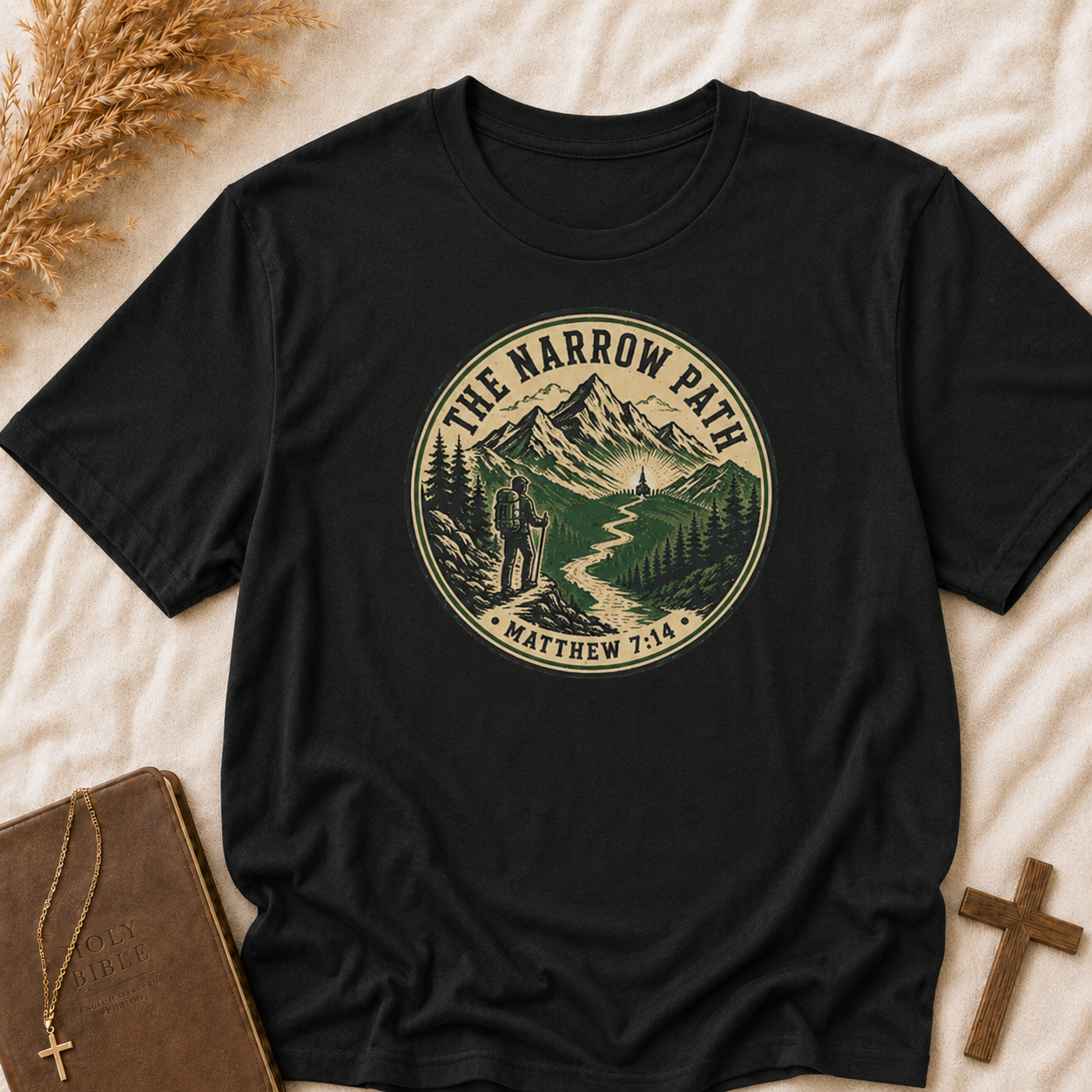 The Narrow Path T-Shirt — Matthew 7:14 Mountain Faith Graphic Tee