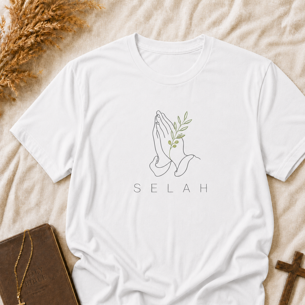Selah Prayer Hands T‑Shirt — Minimalist Faith Tee with Olive Branch