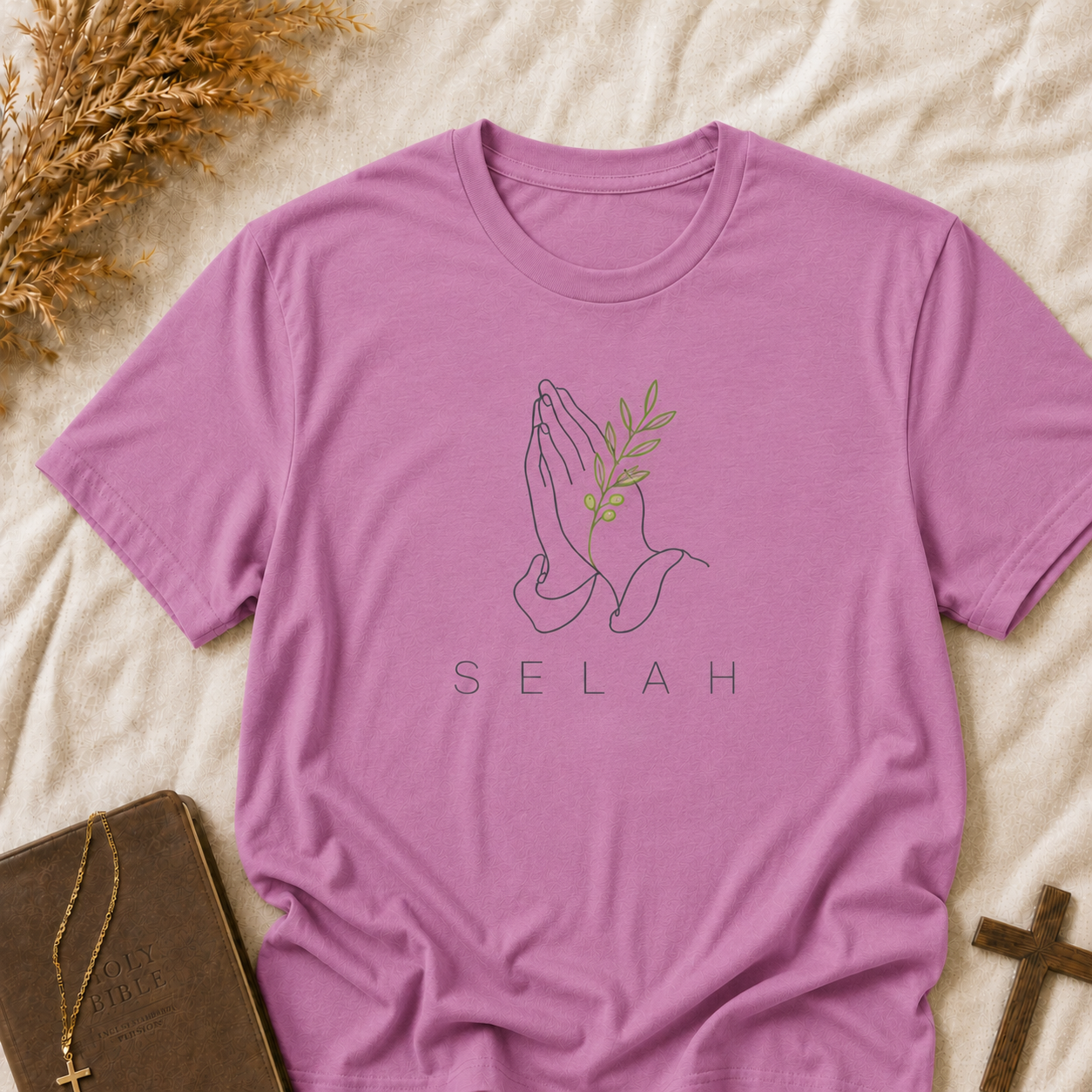 Selah Prayer Hands T‑Shirt — Minimalist Faith Tee with Olive Branch