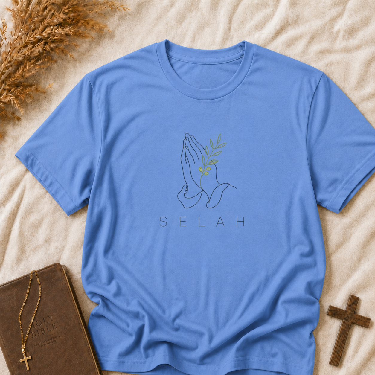 Selah Prayer Hands T‑Shirt — Minimalist Faith Tee with Olive Branch