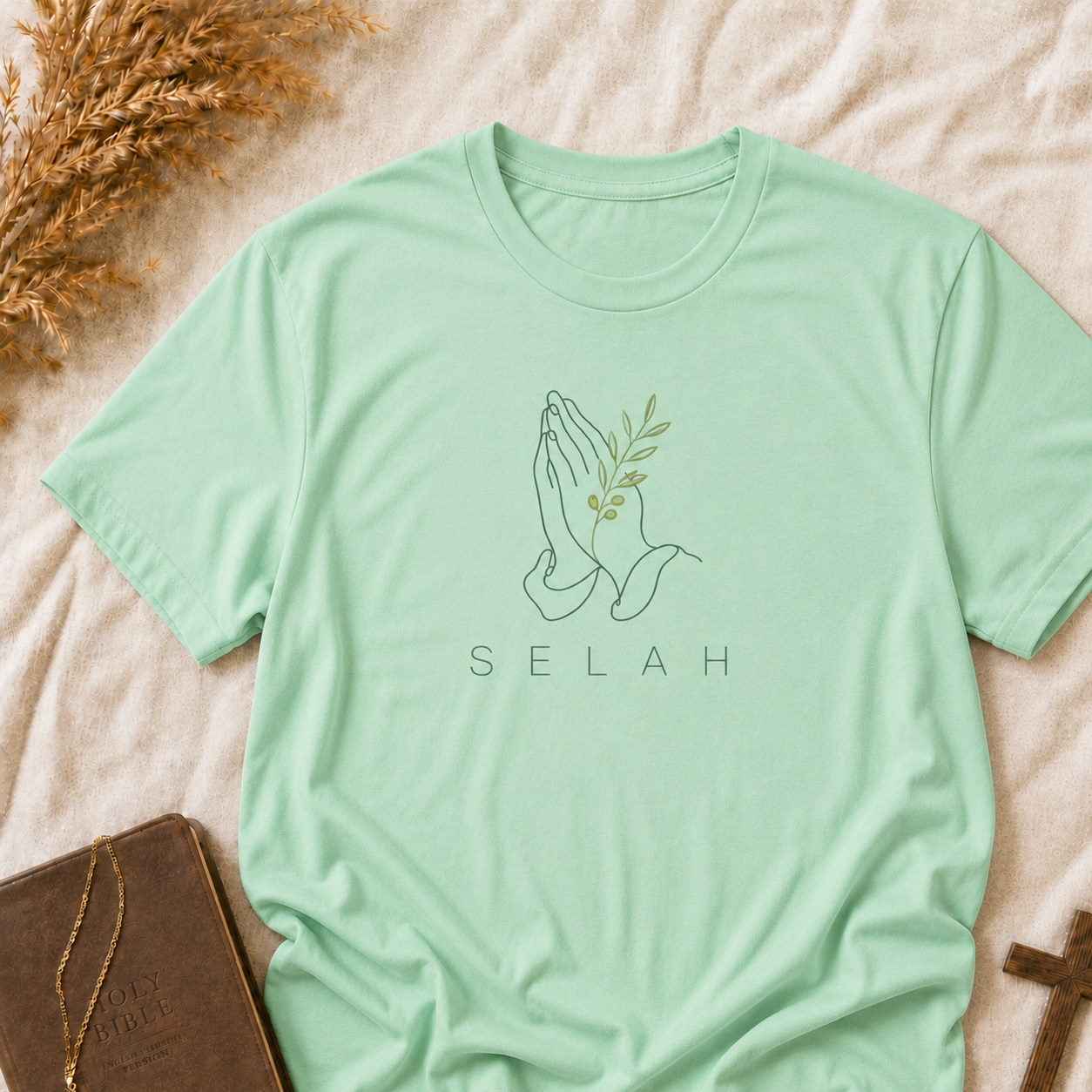 Selah Prayer Hands T‑Shirt — Minimalist Faith Tee with Olive Branch