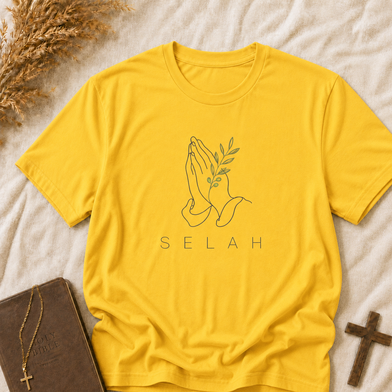 Selah Prayer Hands T‑Shirt — Minimalist Faith Tee with Olive Branch
