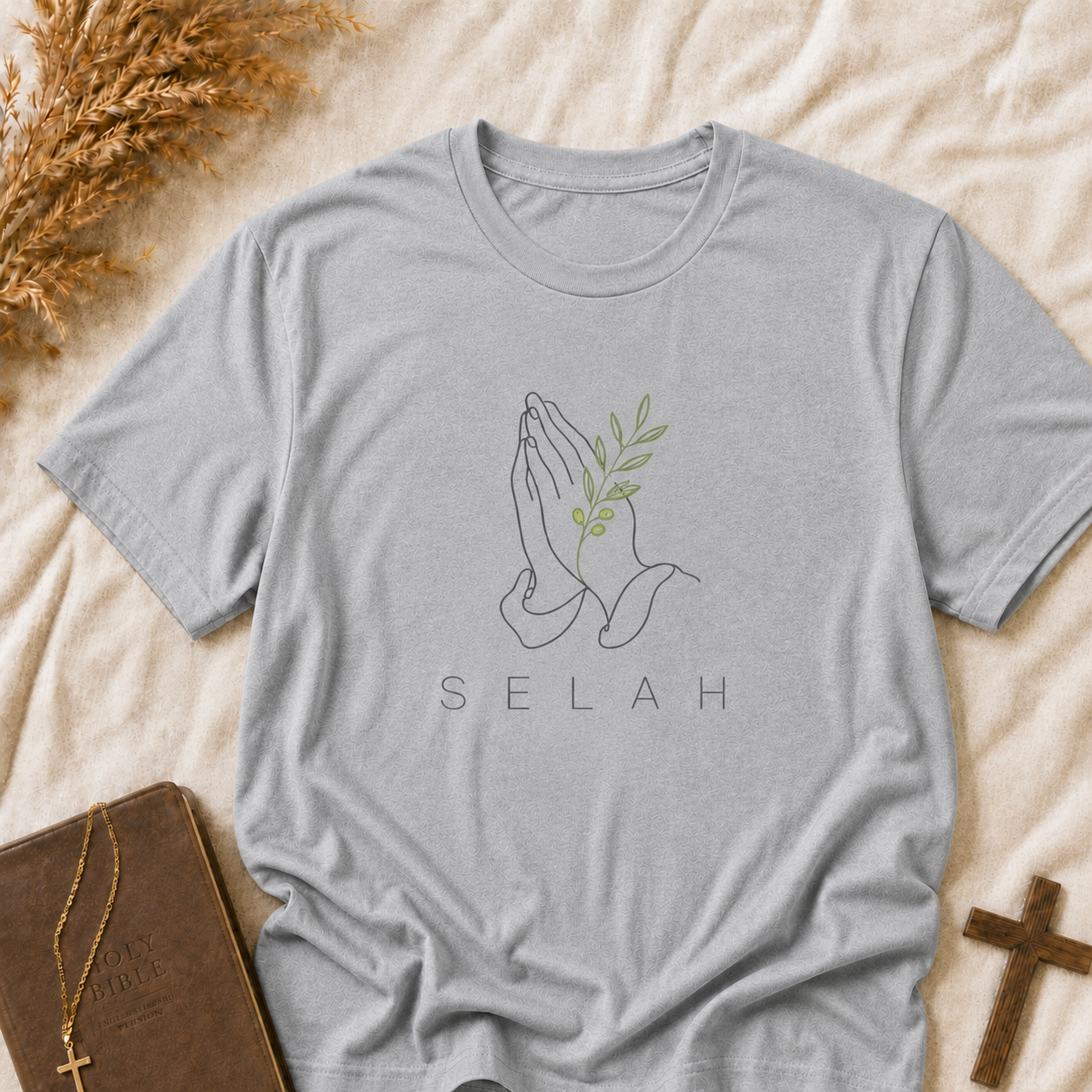 Selah Prayer Hands T‑Shirt — Minimalist Faith Tee with Olive Branch