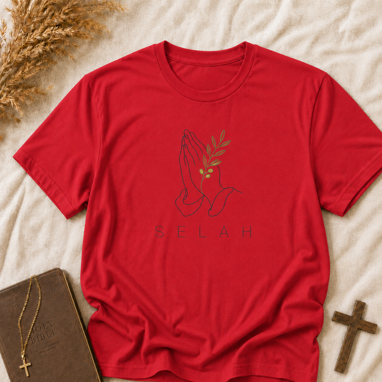 Selah Prayer Hands T‑Shirt — Minimalist Faith Tee with Olive Branch