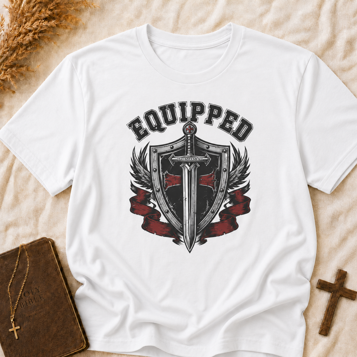 Equipped Sword Shield T‑Shirt — Medieval Crest Graphic Tee