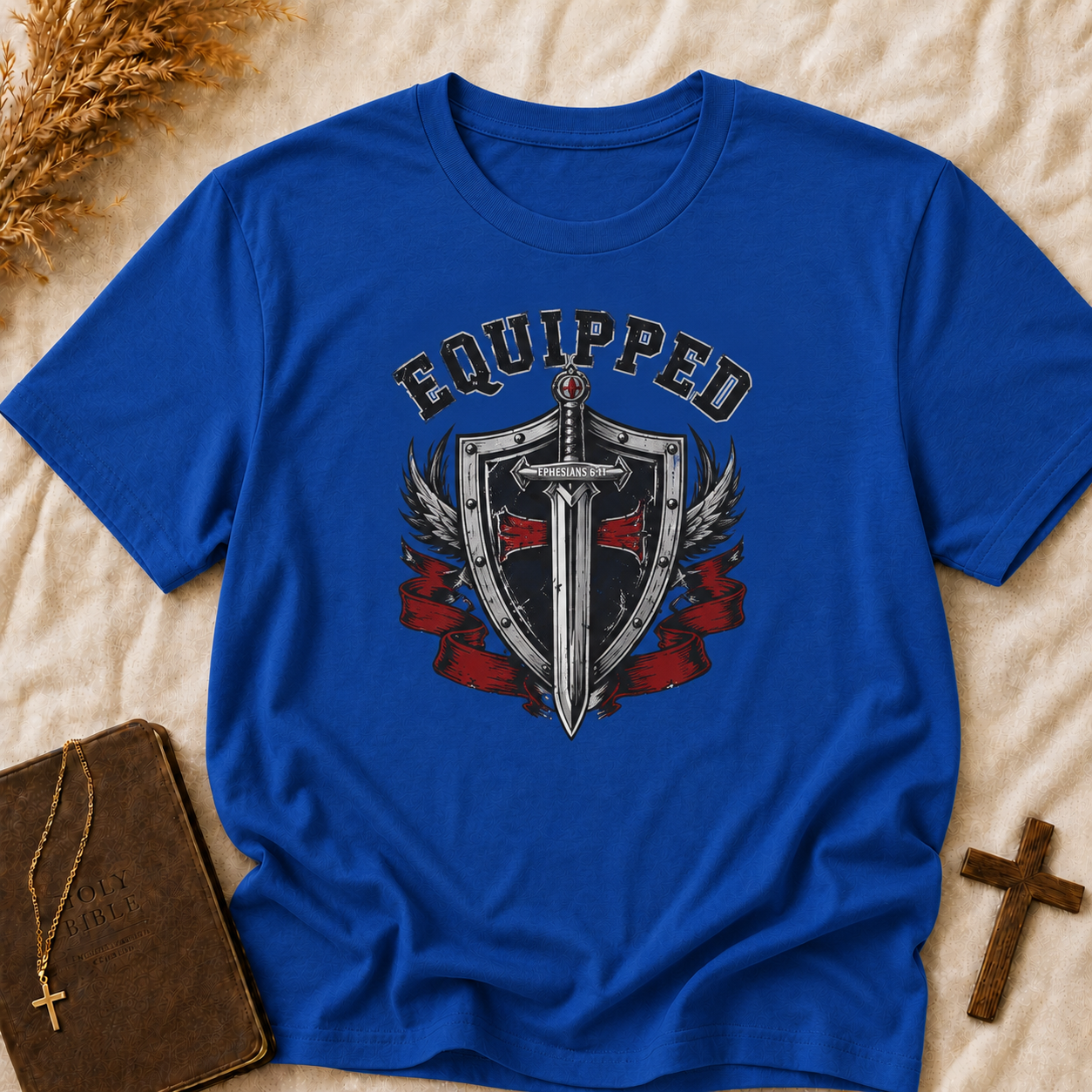 Equipped Sword Shield T‑Shirt — Medieval Crest Graphic Tee