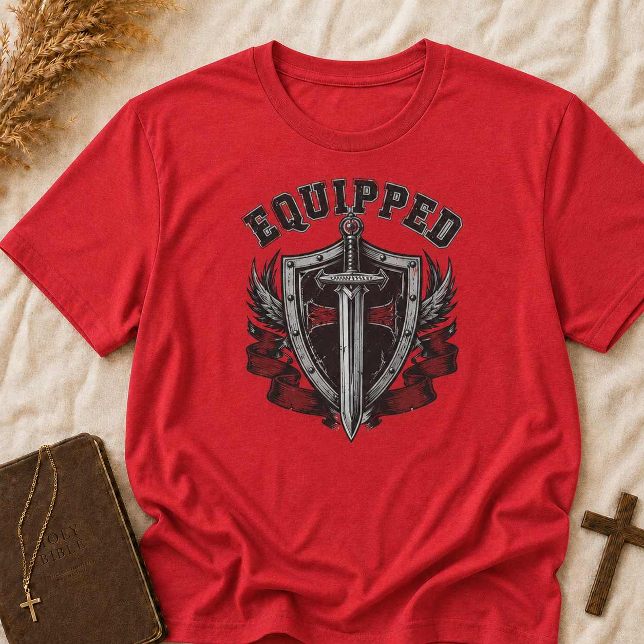 Equipped Sword Shield T‑Shirt — Medieval Crest Graphic Tee