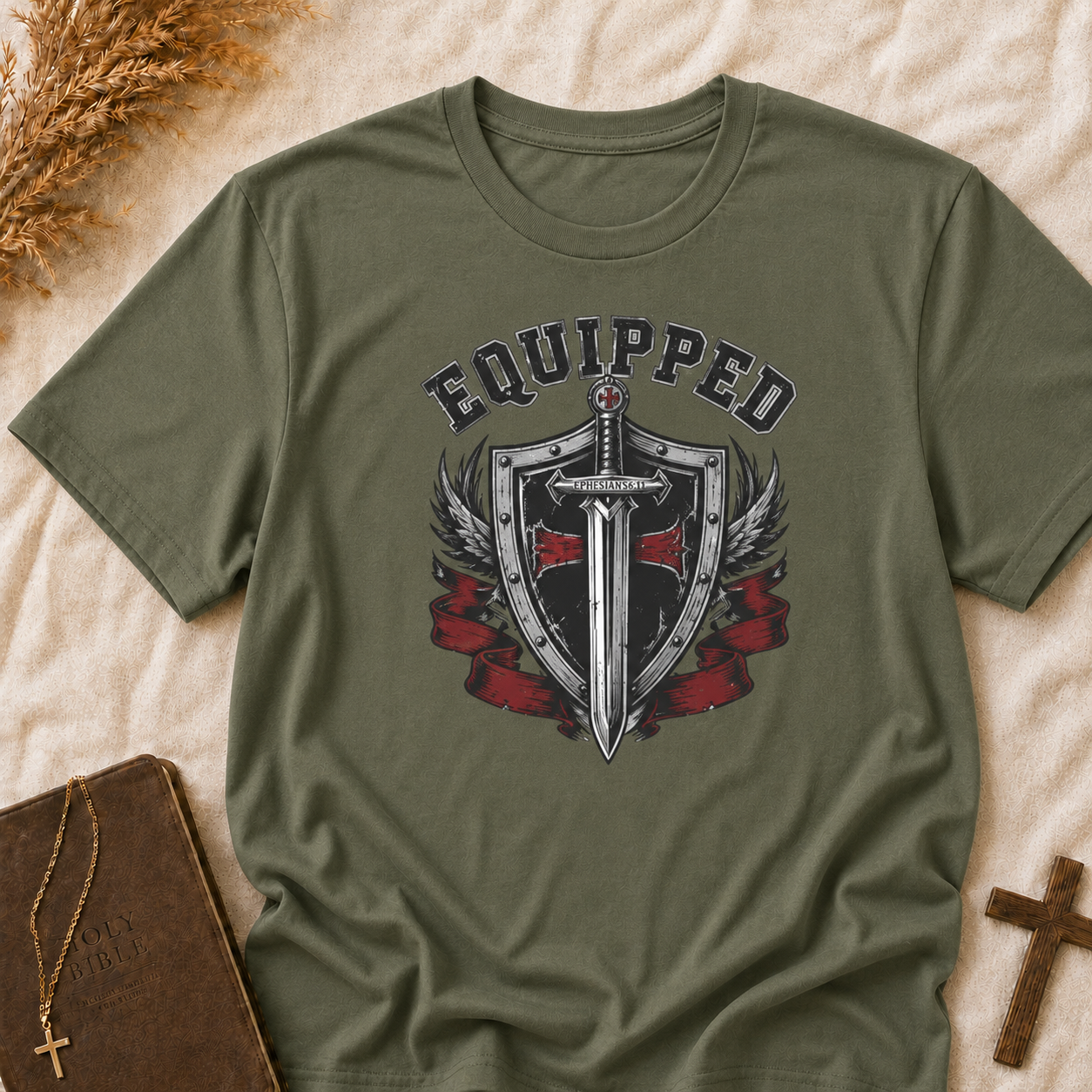 Equipped Sword Shield T‑Shirt — Medieval Crest Graphic Tee