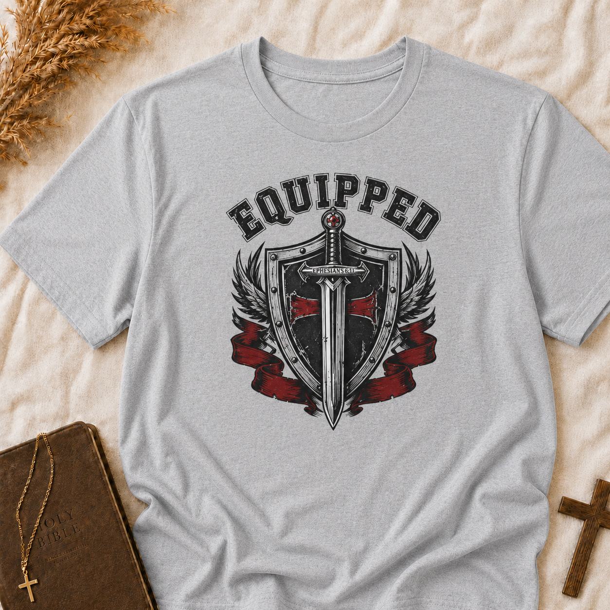 Equipped Sword Shield T‑Shirt — Medieval Crest Graphic Tee