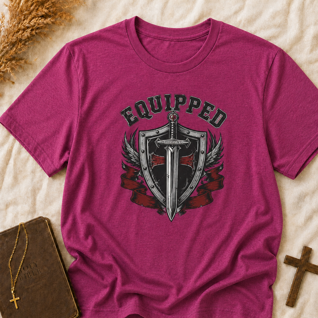Equipped Sword Shield T‑Shirt — Medieval Crest Graphic Tee