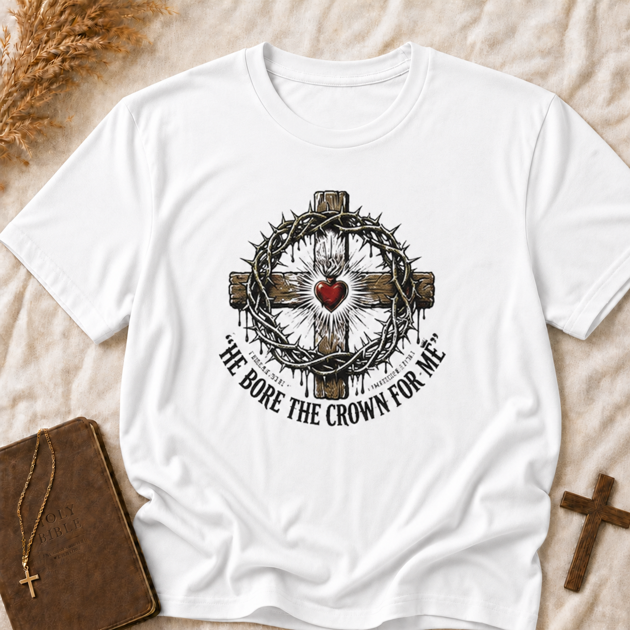 Christian Cross T-Shirt — "He Bore the Crown for Me" Sacred Heart Design
