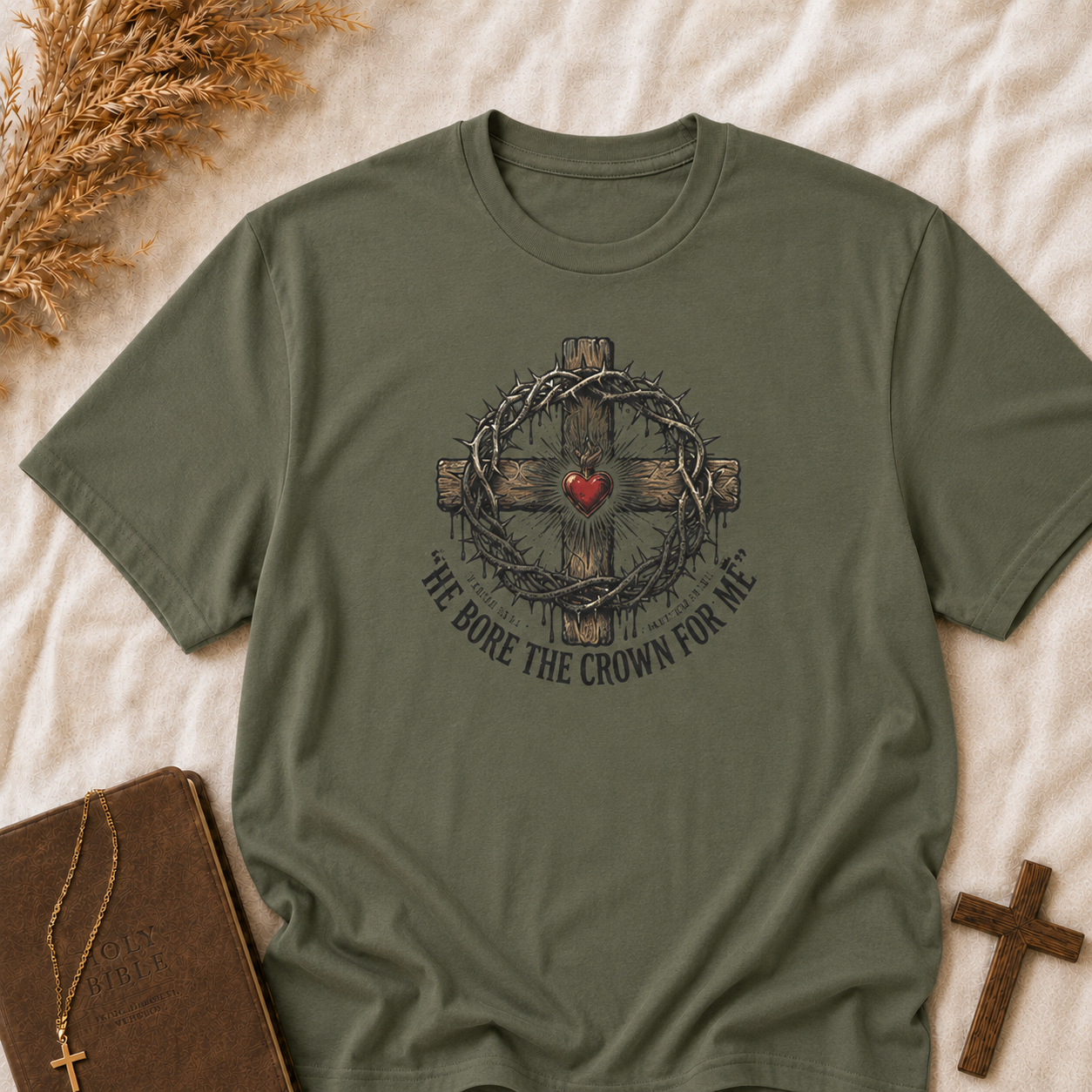 Christian Cross T-Shirt — "He Bore the Crown for Me" Sacred Heart Design