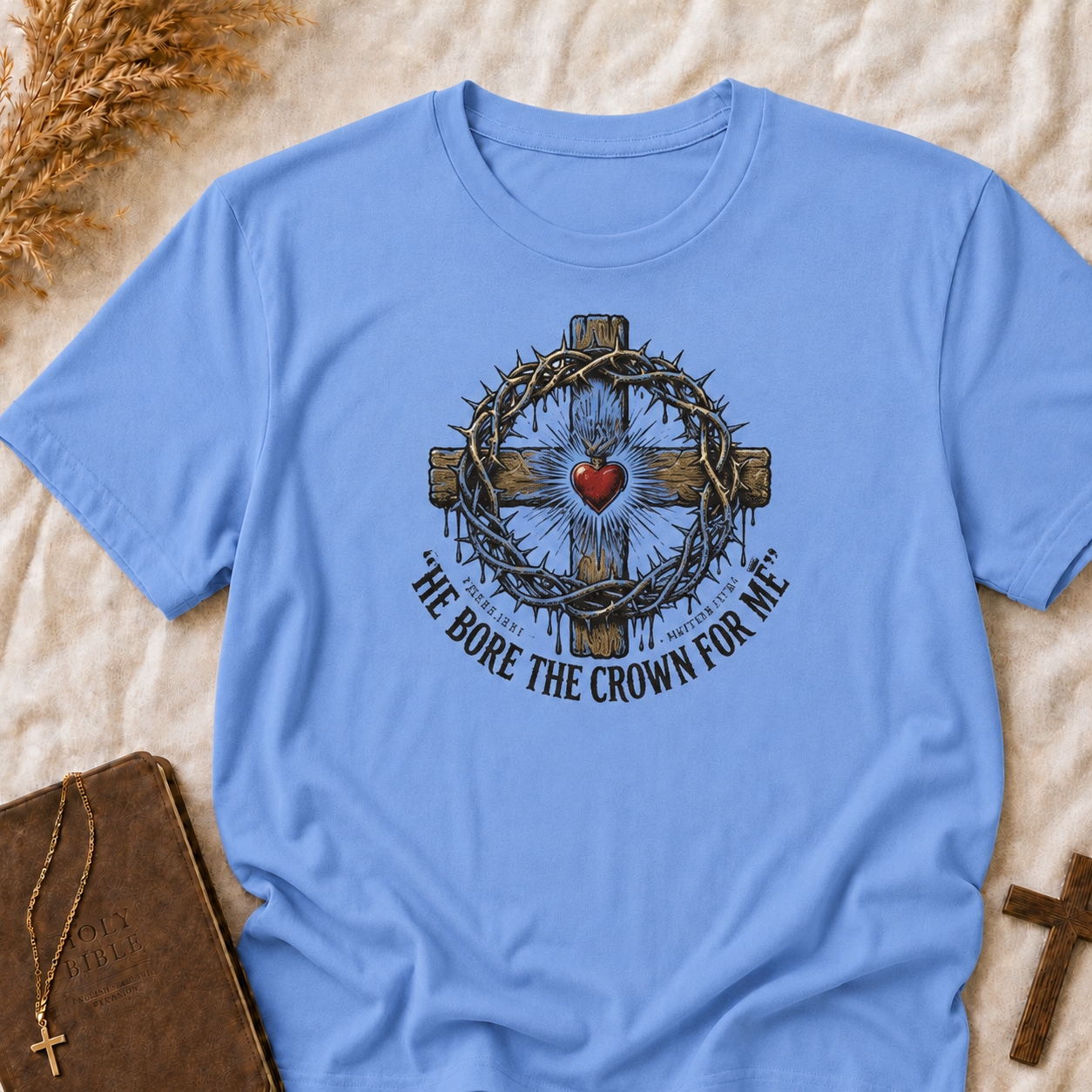 Christian Cross T-Shirt — "He Bore the Crown for Me" Sacred Heart Design