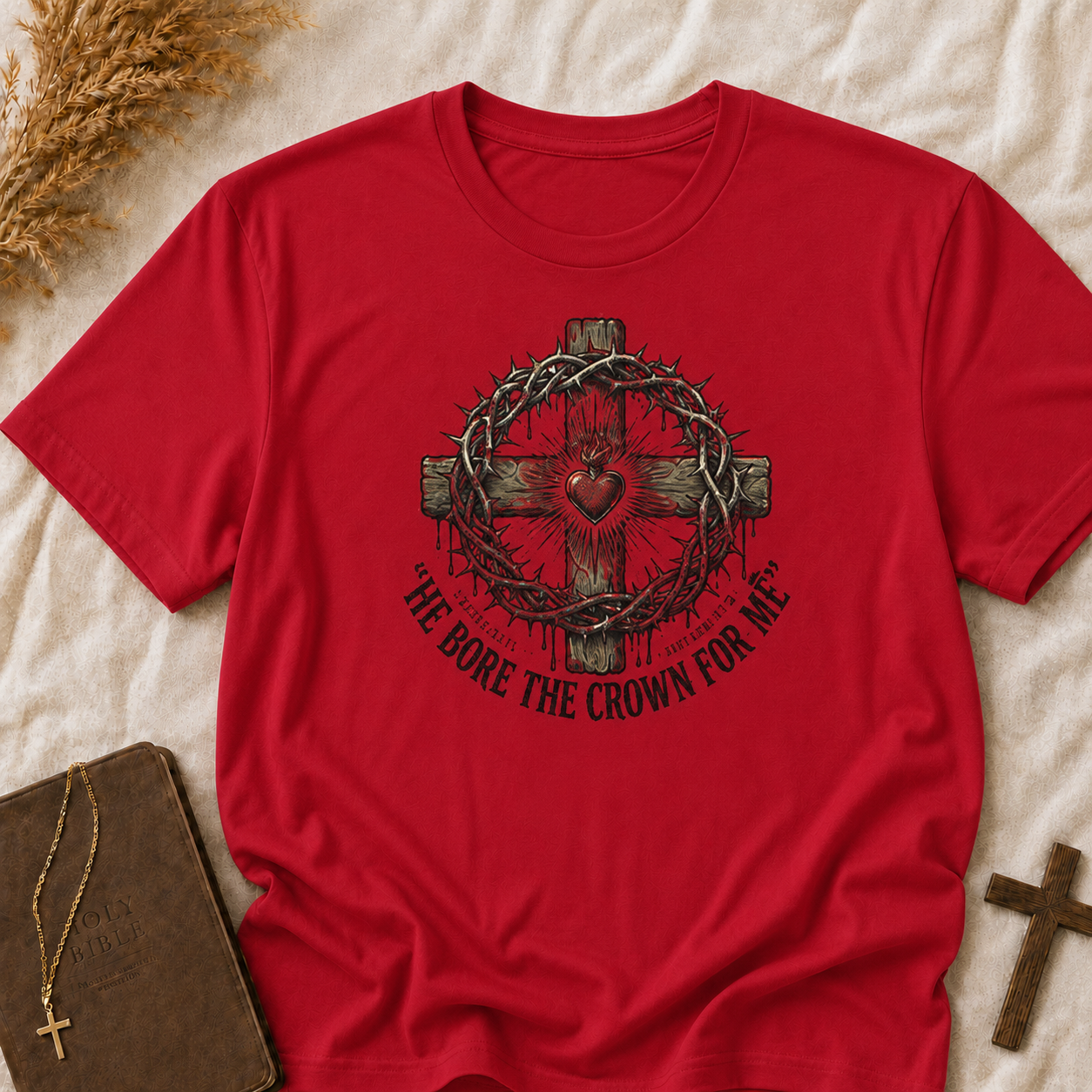 Christian Cross T-Shirt — "He Bore the Crown for Me" Sacred Heart Design