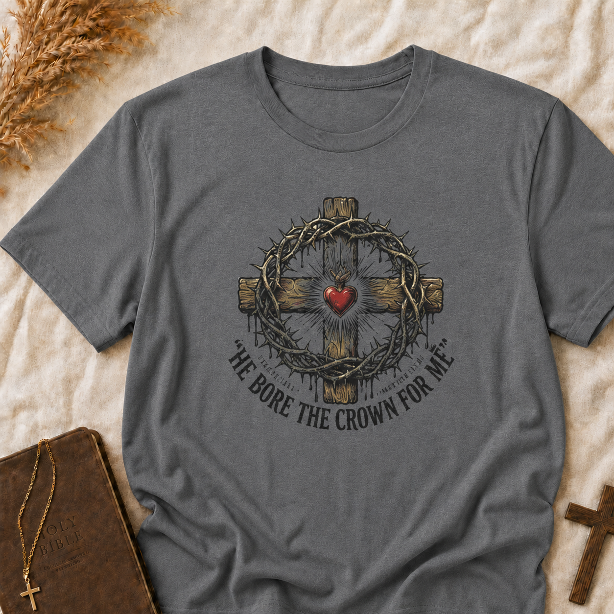 Christian Cross T-Shirt — "He Bore the Crown for Me" Sacred Heart Design