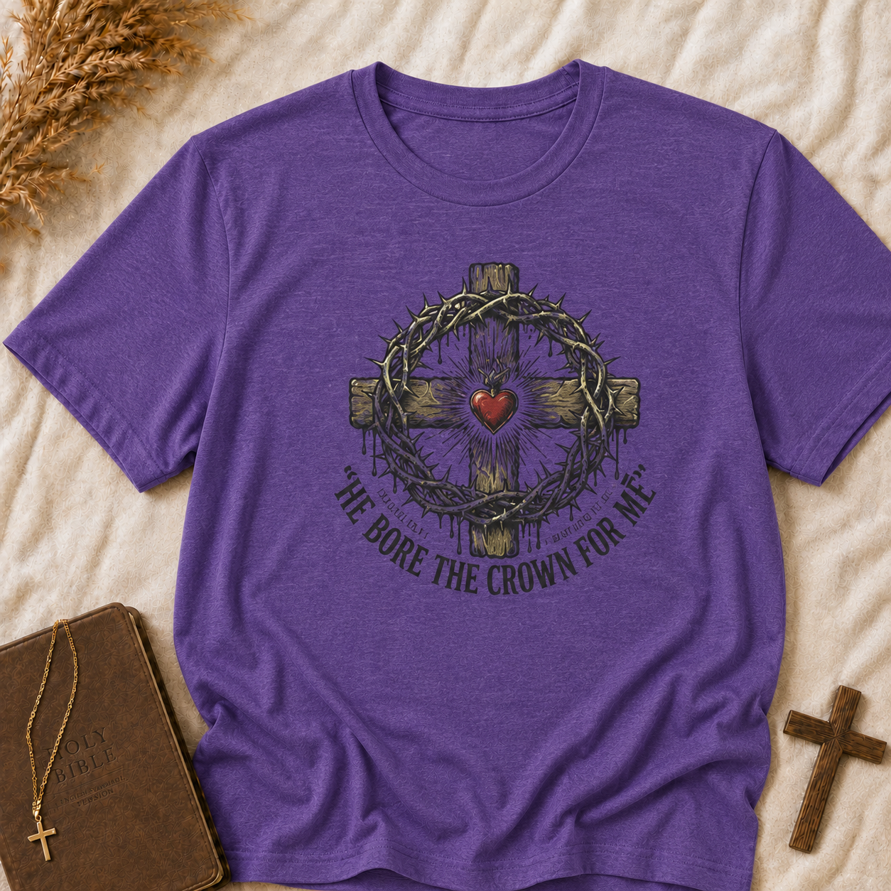 Christian Cross T-Shirt — "He Bore the Crown for Me" Sacred Heart Design