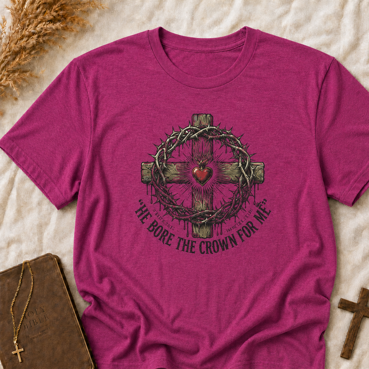 Christian Cross T-Shirt — "He Bore the Crown for Me" Sacred Heart Design