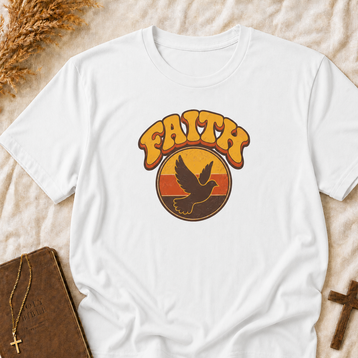 Faith Dove T-Shirt — Retro Sunset Christian Tee