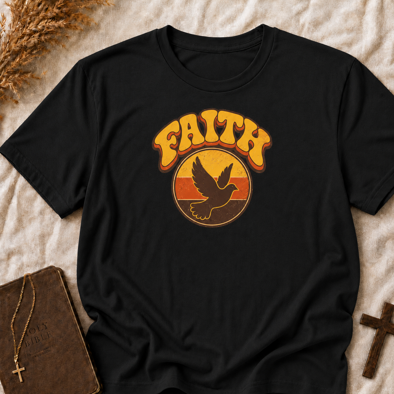 Faith Dove T-Shirt — Retro Sunset Christian Tee