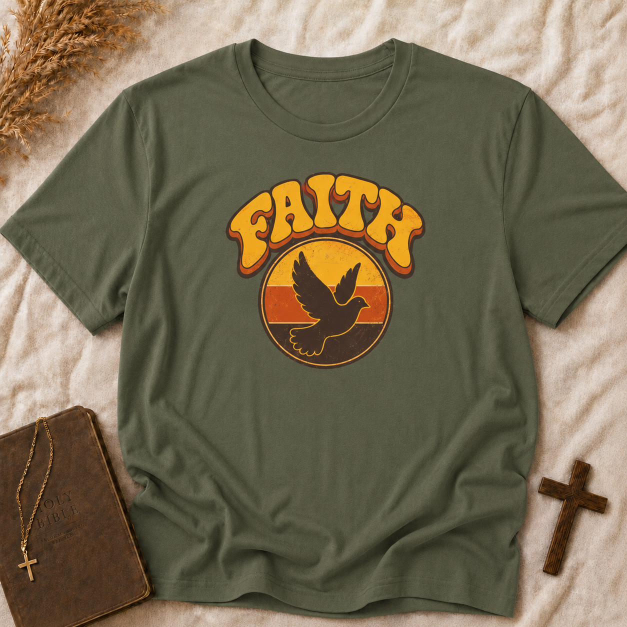 Faith Dove T-Shirt — Retro Sunset Christian Tee