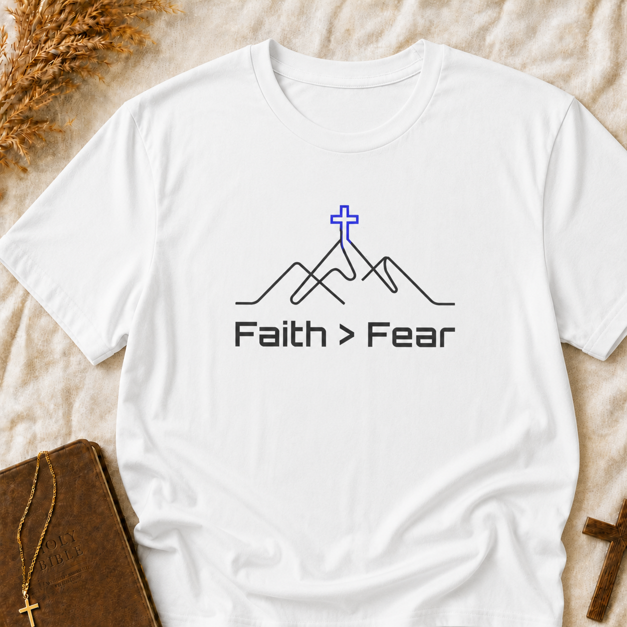 Faith > Fear T-Shirt — Christian Cross Mountain Graphic Tee