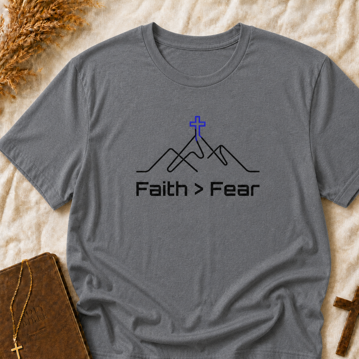Faith > Fear T-Shirt — Christian Cross Mountain Graphic Tee