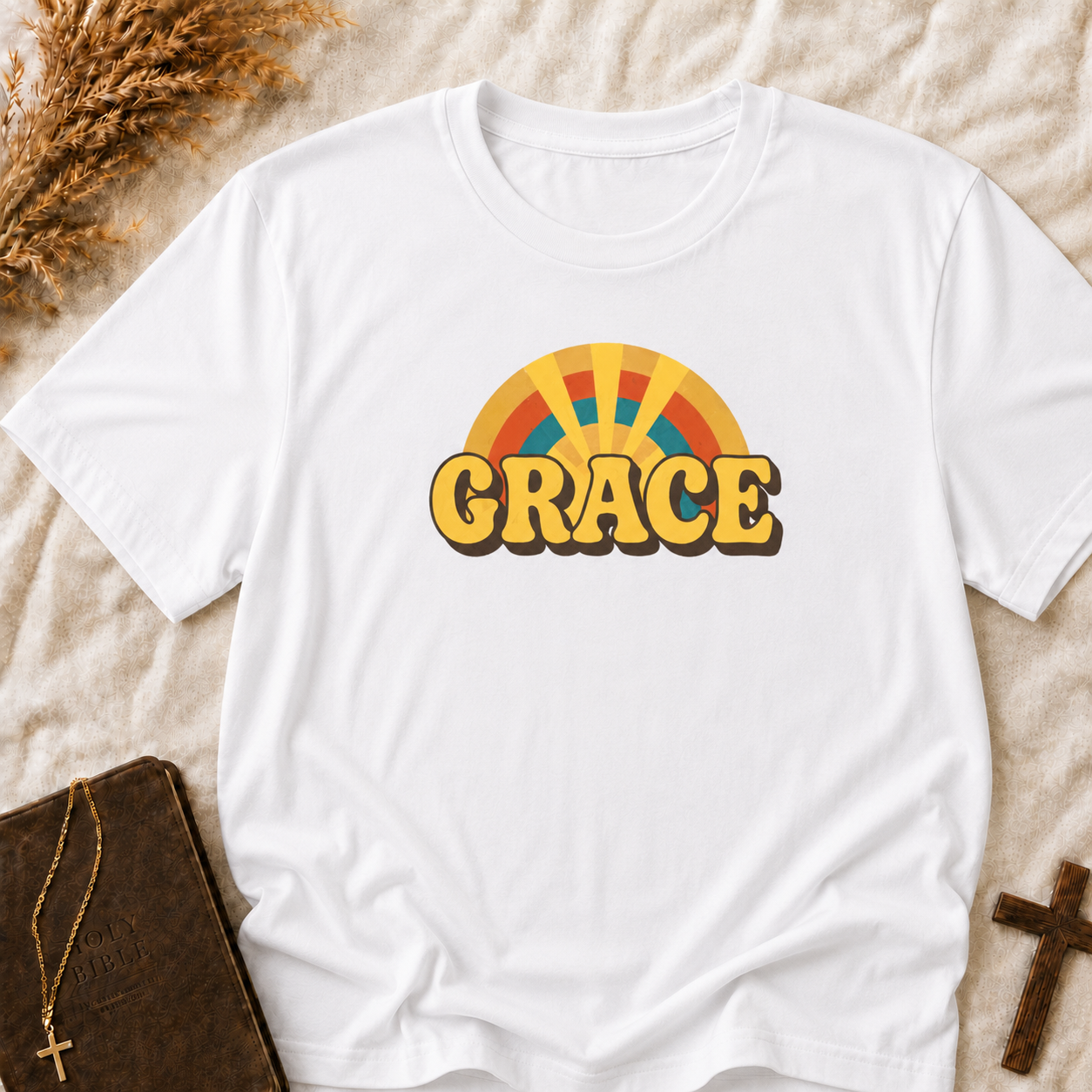 Grace Retro Rainbow T-Shirt — Vintage 70s Inspirational Graphic Tee