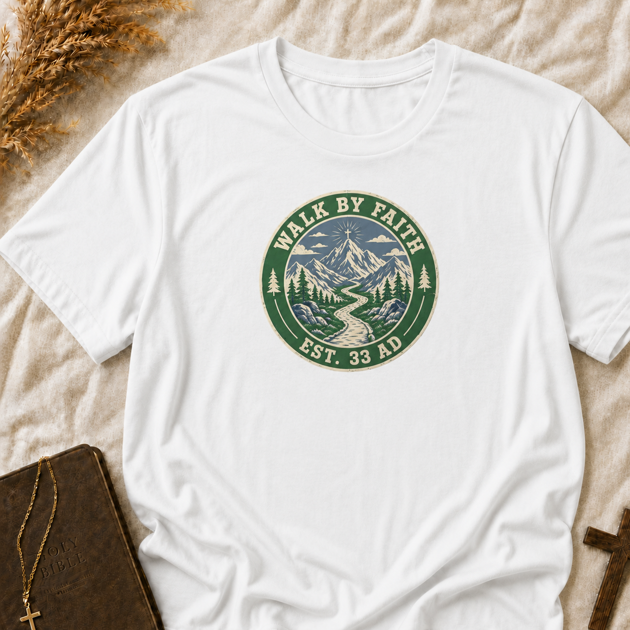 Walk By Faith Mountain T-Shirt — "Walk By Faith Est. 33 AD" Christian Outdoor Tee