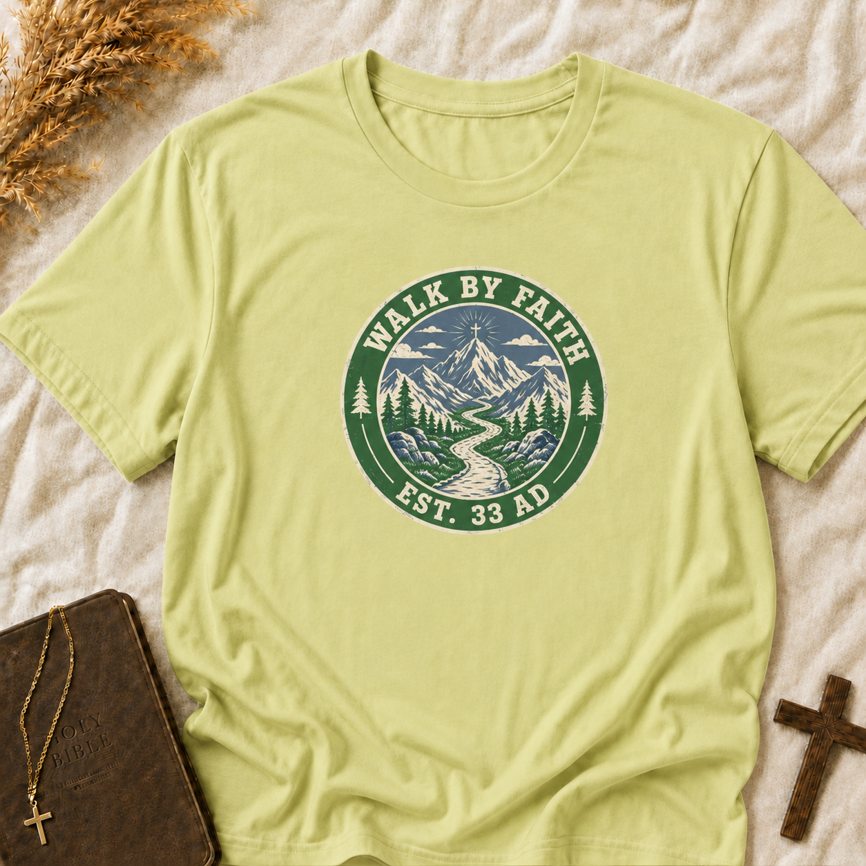 Walk By Faith Mountain T-Shirt — "Walk By Faith Est. 33 AD" Christian Outdoor Tee
