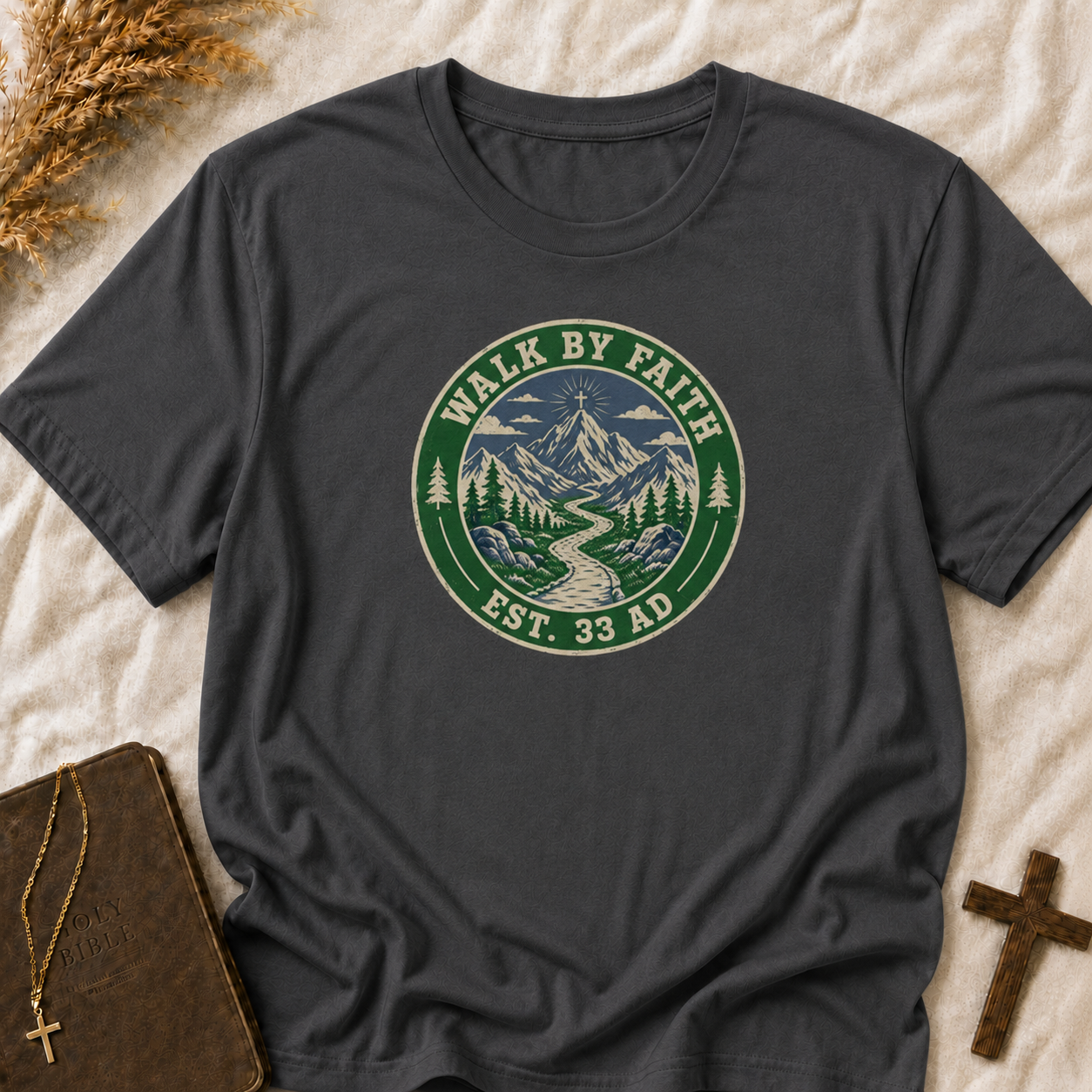 Walk By Faith Mountain T-Shirt — "Walk By Faith Est. 33 AD" Christian Outdoor Tee