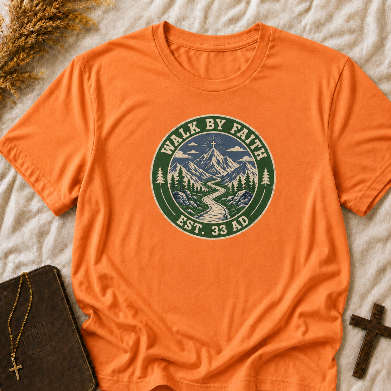 Walk By Faith Mountain T-Shirt — "Walk By Faith Est. 33 AD" Christian Outdoor Tee