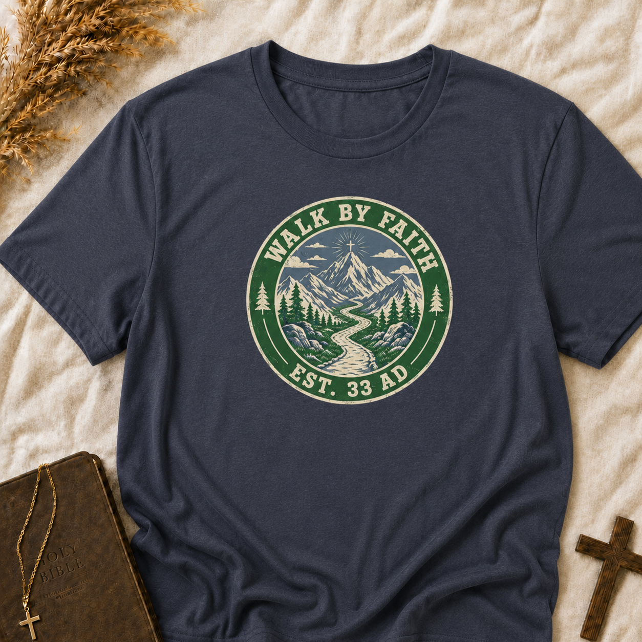 Walk By Faith Mountain T-Shirt — "Walk By Faith Est. 33 AD" Christian Outdoor Tee