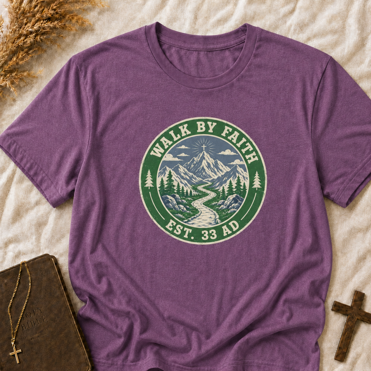 Walk By Faith Mountain T-Shirt — "Walk By Faith Est. 33 AD" Christian Outdoor Tee
