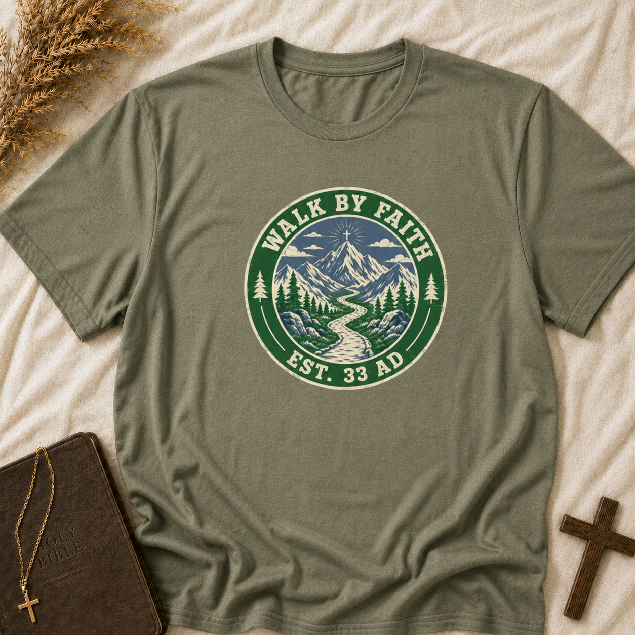 Walk By Faith Mountain T-Shirt — "Walk By Faith Est. 33 AD" Christian Outdoor Tee