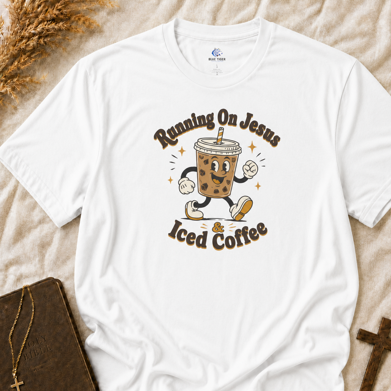Iced Coffee Faith T-Shirt — "Running On Jesus, Iced Coffee" Cute Cartoon Drink Tee