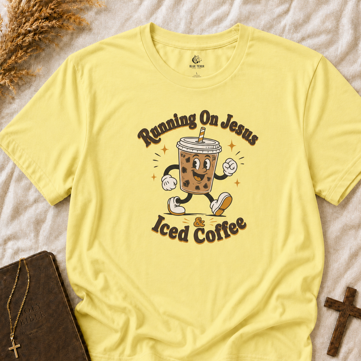 Iced Coffee Faith T-Shirt — "Running On Jesus, Iced Coffee" Cute Cartoon Drink Tee
