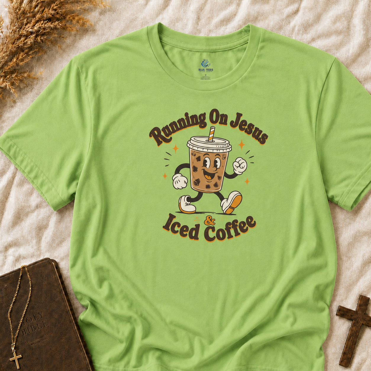 Iced Coffee Faith T-Shirt — "Running On Jesus, Iced Coffee" Cute Cartoon Drink Tee