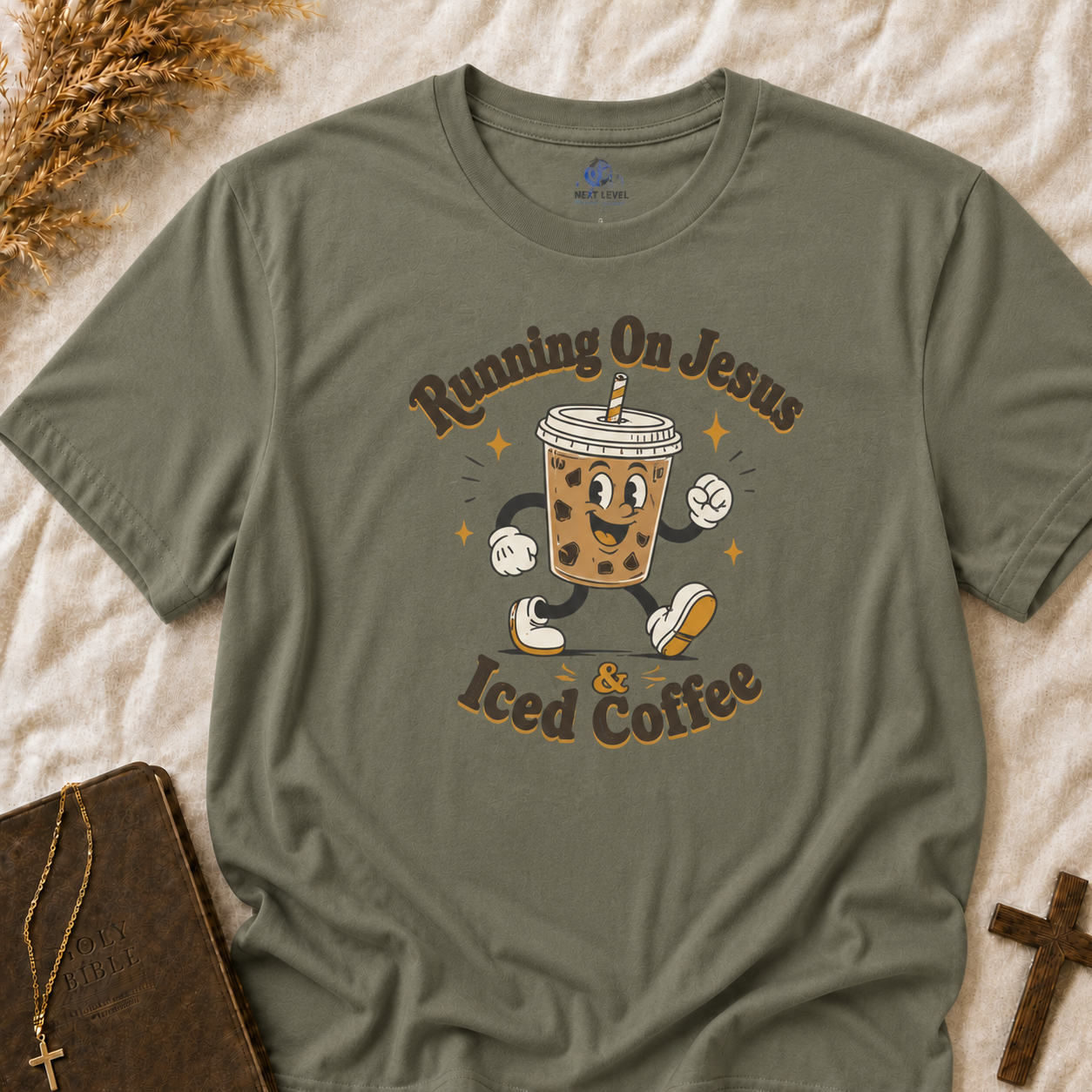 Iced Coffee Faith T-Shirt — "Running On Jesus, Iced Coffee" Cute Cartoon Drink Tee