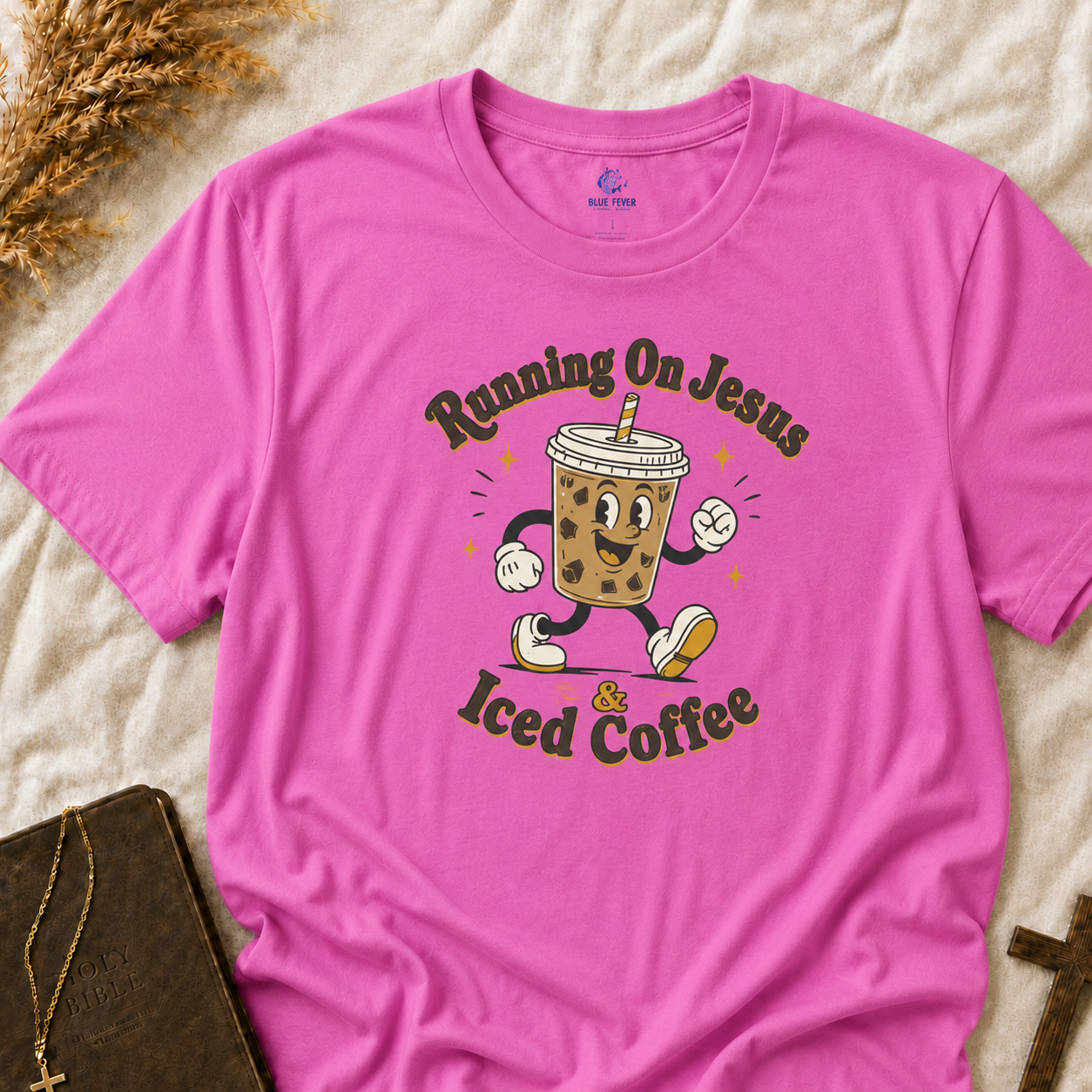 Iced Coffee Faith T-Shirt — "Running On Jesus, Iced Coffee" Cute Cartoon Drink Tee