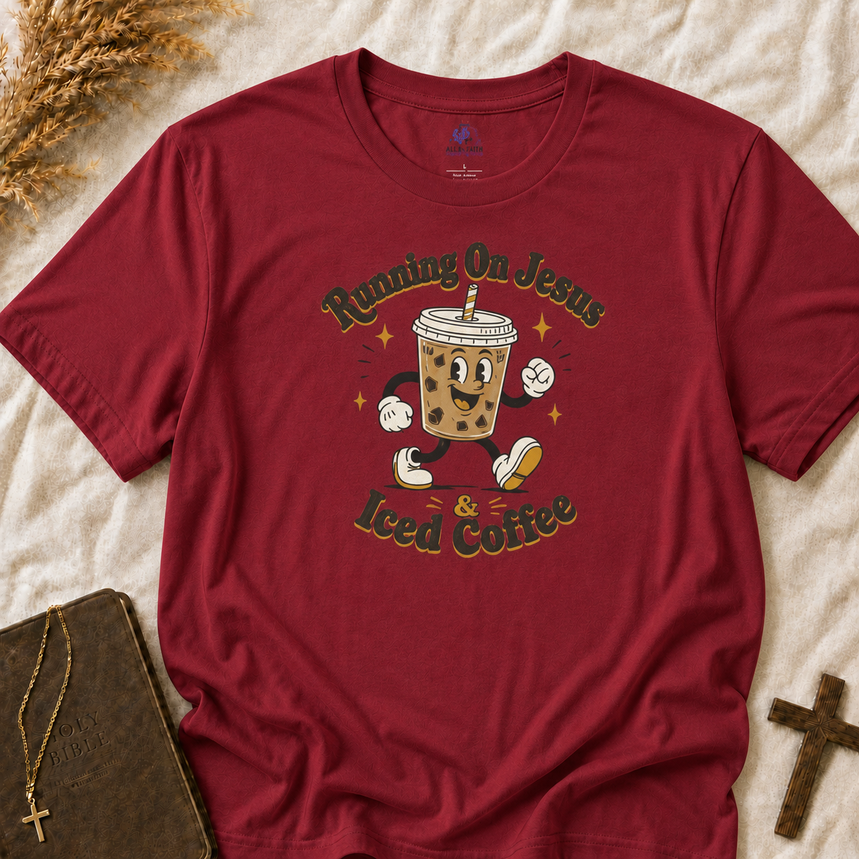 Iced Coffee Faith T-Shirt — "Running On Jesus, Iced Coffee" Cute Cartoon Drink Tee