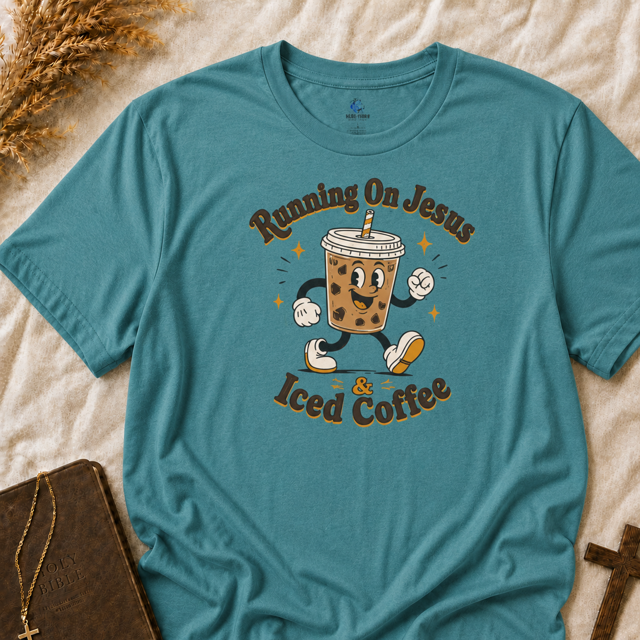 Iced Coffee Faith T-Shirt — "Running On Jesus, Iced Coffee" Cute Cartoon Drink Tee