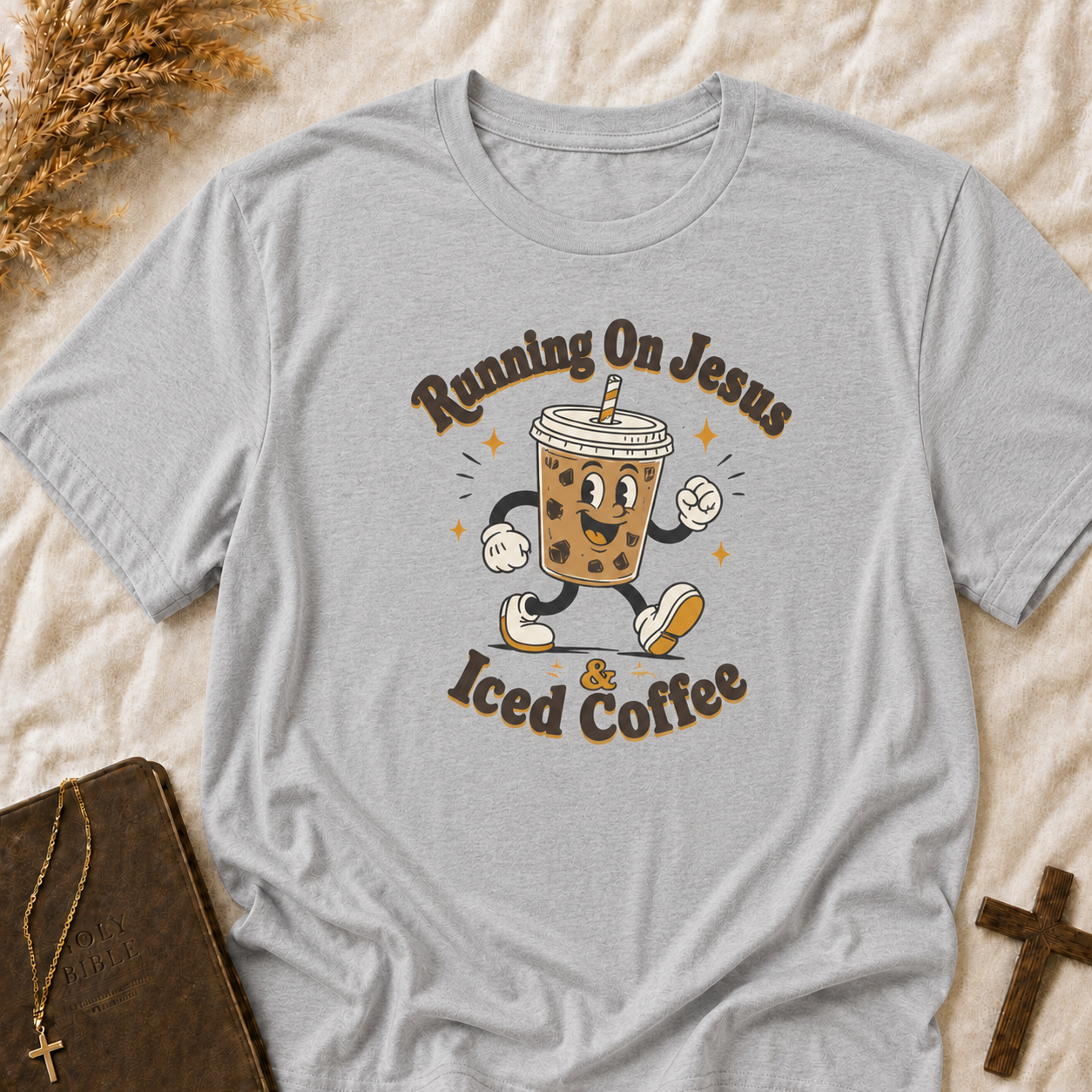 Iced Coffee Faith T-Shirt — "Running On Jesus, Iced Coffee" Cute Cartoon Drink Tee