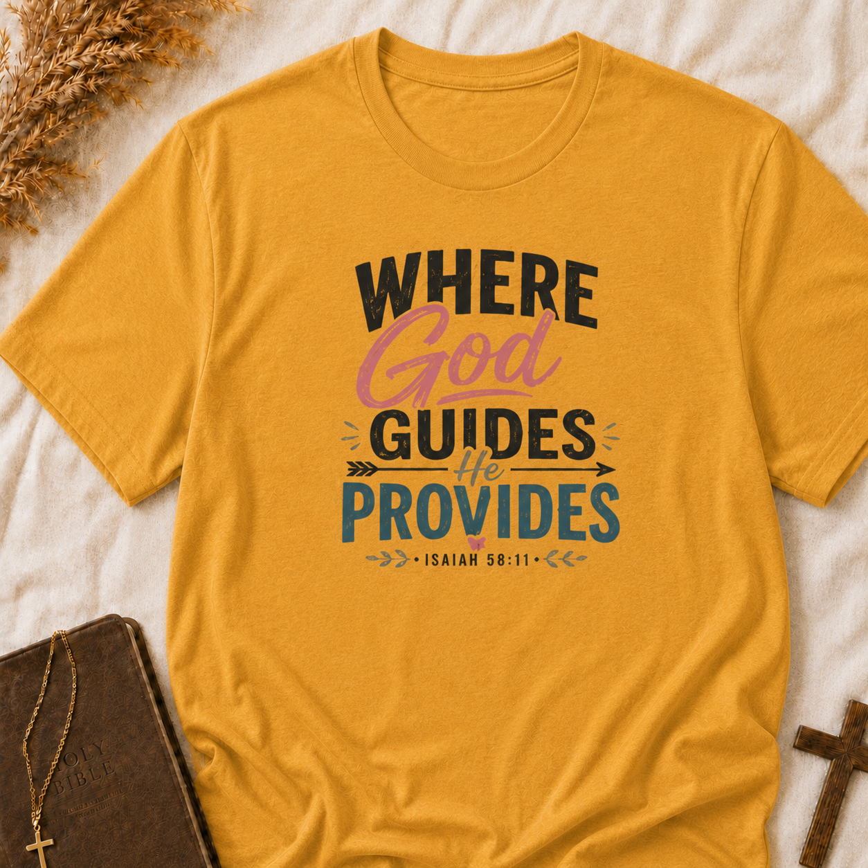 Faith T-Shirt — "Where God Guides, He Provides" Christian Inspirational Tee