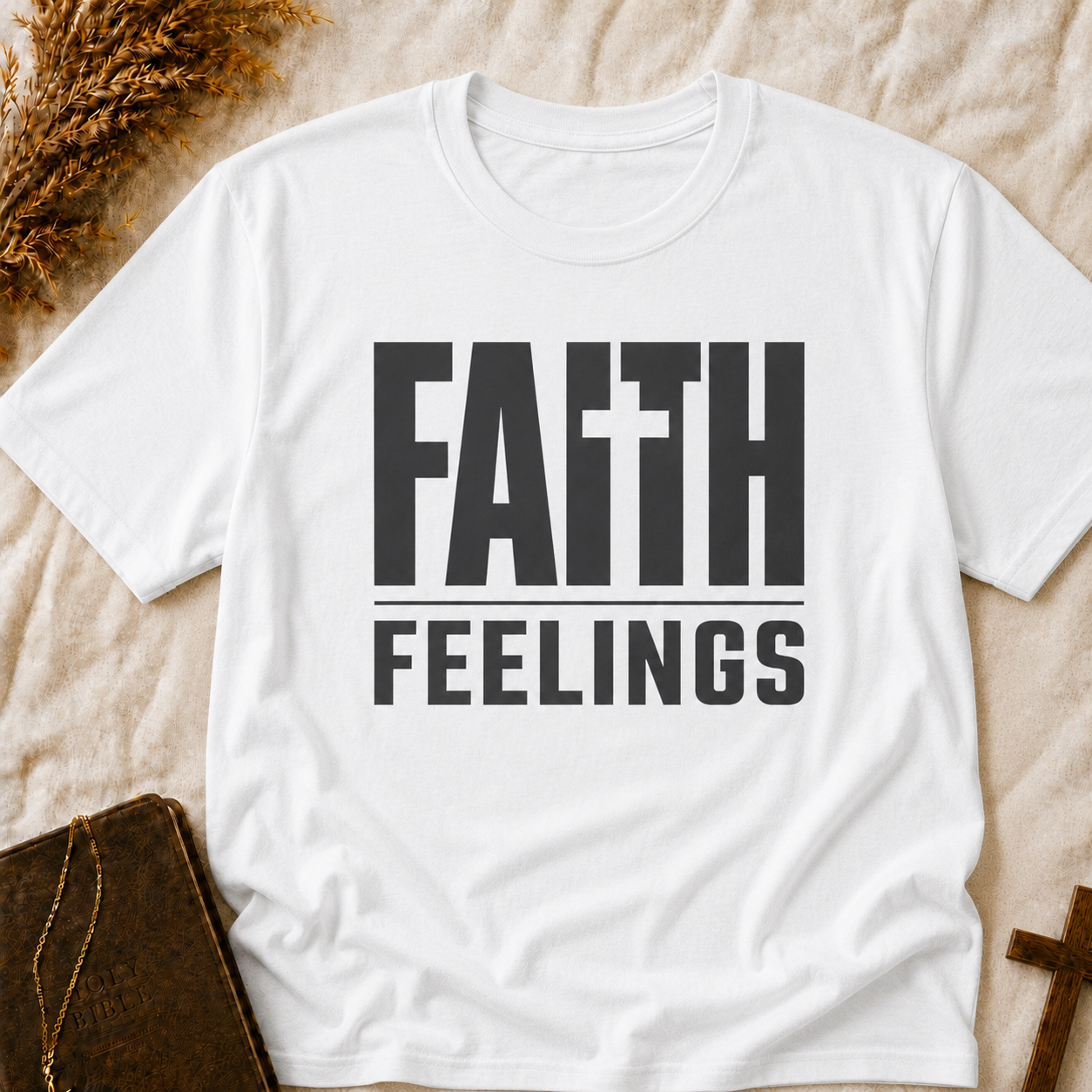 Faith Feelings T-Shirt — Christian Inspirational Tee with Cross Lettering