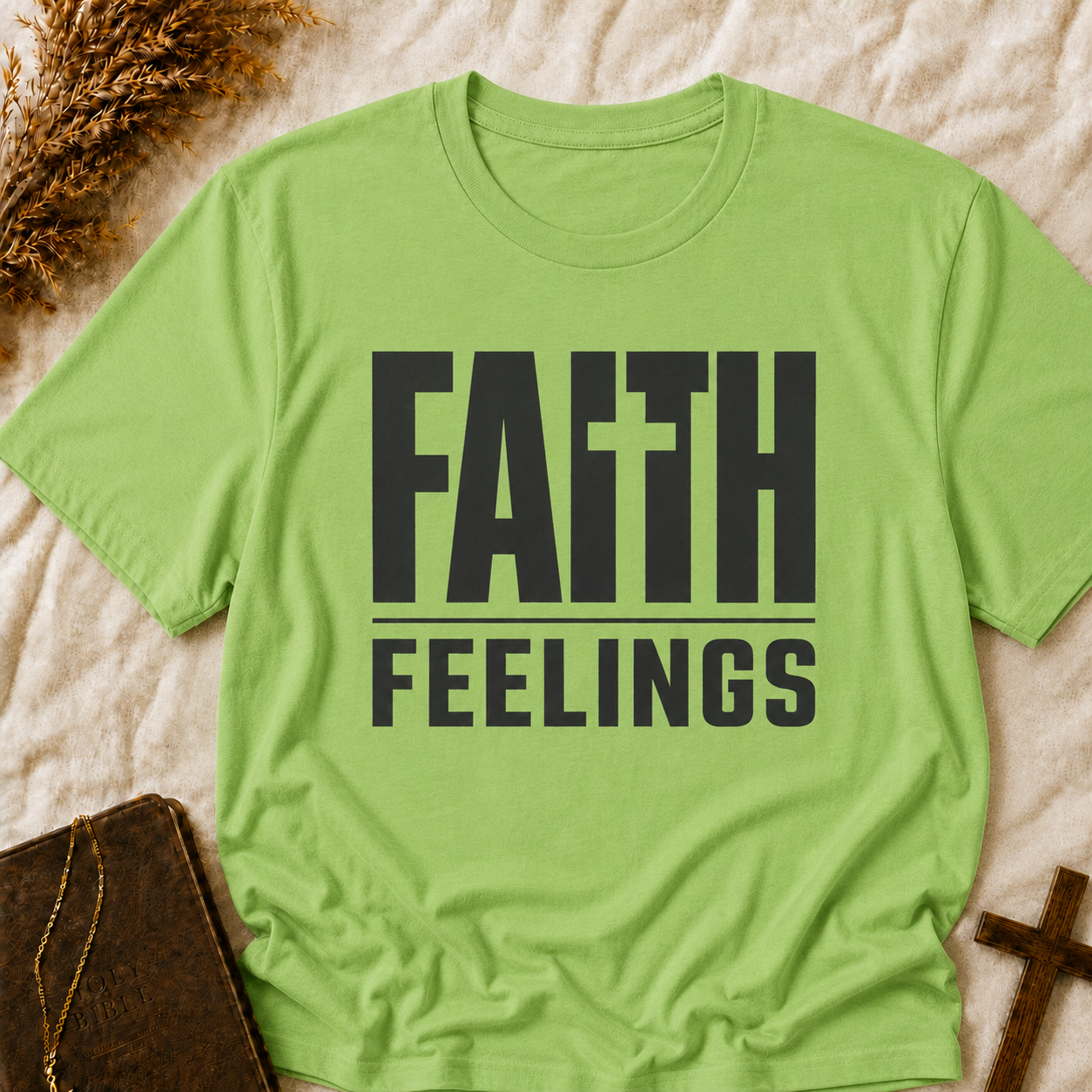 Faith Feelings T-Shirt — Christian Inspirational Tee with Cross Lettering